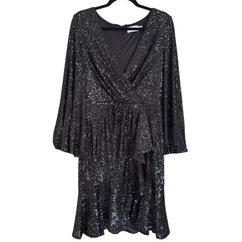 Eliza J Faux Wrap Sequin Dress size 10, Black | NEW $228 - Picture 2 of 4